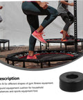 Four Pack Round Rubber Bumpers for Gym Equipment and Home Fitness Machines shown with exercise trampolines