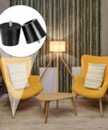 Image of a living room with chairs and a close-up inset of round rubber feet with stainless screws, designed as non-slip bumpers for furniture.