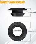 These 3/4 inch round rubber grommets with a waterproof gasket, dimensions displayed, shown from side and front view.