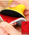 Close-up of yellow tool holding 48 Pcs 3 Inch Round Sanding Sponge Set Grit 80 To 3000, highlighting secure hold and easy release