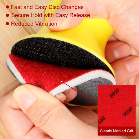 Close-up of yellow tool holding 48 Pcs 3 Inch Round Sanding Sponge Set Grit 80 To 3000, highlighting secure hold and easy release