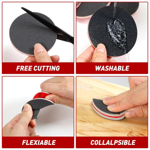 Cutting, washing, and bending a 48 Pcs 3 Inch Round Sanding Sponge Set Grit 80 To 3000 For Wood Metal Auto Body.