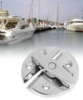 Close-up of round marine-grade stainless steel boat twist latch with mirror finish