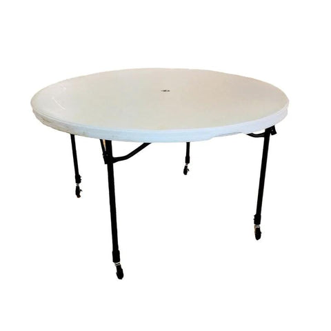 Heavy Duty Folding Table Caster Wheels Set With 3 Inch Locking Casters Elevates Height By 5 Inches, shown installed on table