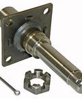 Round Trailer Axle Spindle For ID Bearings Built Tough With Wide Mounting Surface 1350 Pound Capacity 1 Inch 14 Thread Includes Nut Washer And Cotter Pin Bearings Not Included Seal Not Included, showing stainless steel spindle with cotter pin and nut.