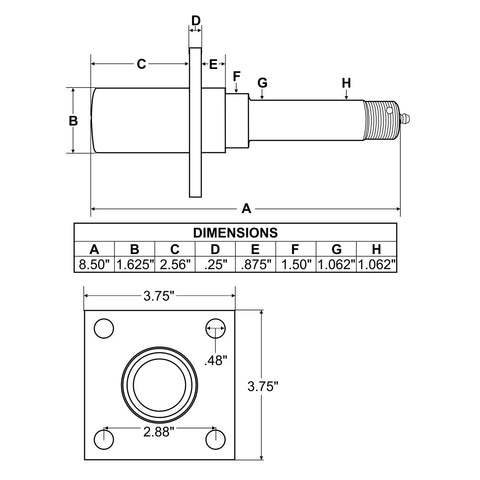 Technical drawing of Round Trailer Axle Spindle For ID Bearings Built Tough With Wide Mounting Surface 1350 Pound Capacity 1 Inch 14 Thread Includes Nut Washer And Cotter Pin Bearings Not Included Seal Not Included.