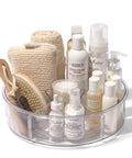 Round Turntable Organizer With Six Removable Clear Bins holding various toiletries and grooming products, 11.7 inch rotating storage tray.