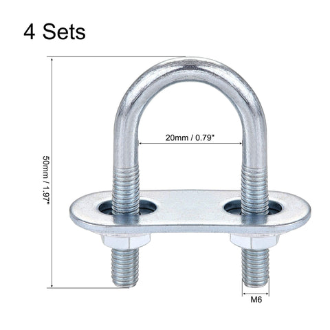 Versatile round U bolt kit with M6 threads, 50mm length, 20mm inner width, shown with mounting plate and nuts.