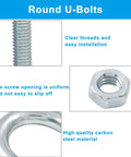 Image showing details of Four M6 zinc plated steel U bolts with nuts, plates, and washers, highlighting threads, nut, and steel material.