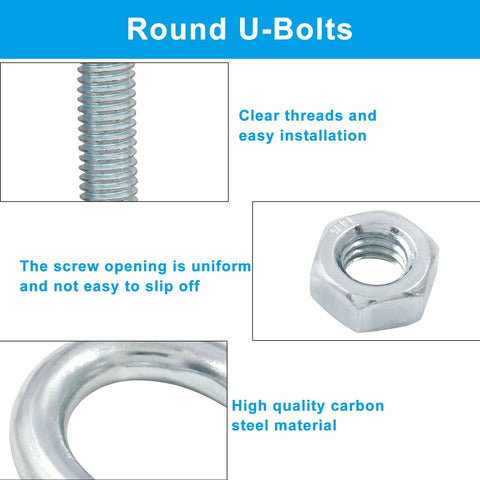 Image showing details of Four M6 zinc plated steel U bolts with nuts, plates, and washers, highlighting threads, nut, and steel material.