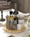 13 Inch Round Wooden Lazy Susan Turntable Organizer with condiments, ideal for cabinet and pantry storage, solid wood kitchen decor.