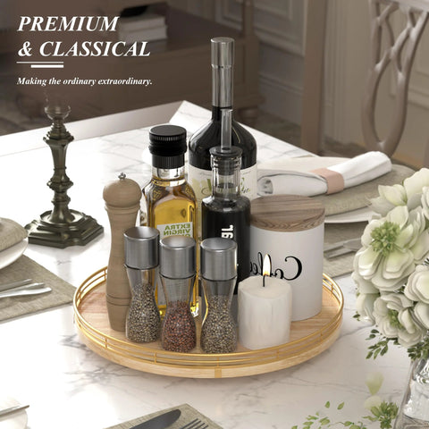 13 Inch Round Wooden Lazy Susan Turntable Organizer with condiments, ideal for cabinet and pantry storage, solid wood kitchen decor.