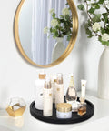 Round Wooden Bathroom Tray With 360 Degree Silent Rotation Lazy Susan Turntable on vanity with perfumes and accessories