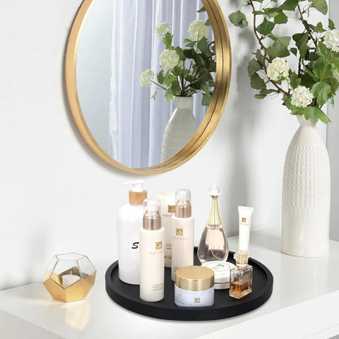 Round Wooden Bathroom Tray With 360 Degree Silent Rotation Lazy Susan Turntable on vanity with perfumes and accessories