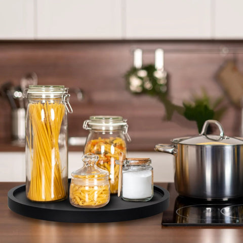 Round Wooden Bathroom Tray With 360 Degree Silent Rotation Lazy Susan Turntable on kitchen counter with jars and pot