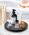 Round Wooden Bathroom Tray With 360 Degree Silent Rotation Lazy Susan Turntable holding toiletries on countertop