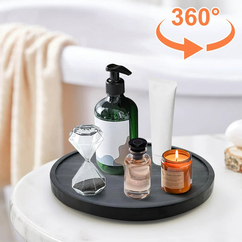 Round Wooden Bathroom Tray With 360 Degree Silent Rotation Lazy Susan Turntable holding toiletries on countertop