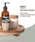 Round Wood Decorative Tray For Bathroom Counter Organizer And Farmhouse Kitchen Decor Wooden Riser with soap, brush, and jars