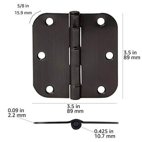Rounded Five Eighths Radius Interior Door Hinges Set, Eighteen Pack, Oil Rubbed Bronze Finish, Durable Steel Construction, 3.5 By 3.5 Inches, Includes 108 Mounting Screws, Complete Interior Door Hardware.