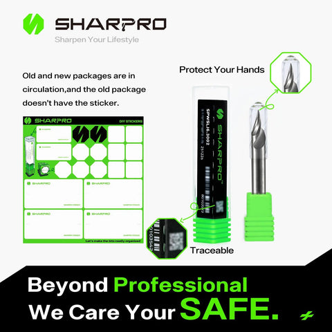 Sharpro V Groove O Flute Chamfer Router Bit 30 Degree One Quarter Inch Shank CNC Carbide V Bit packaging details.