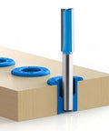 Router Bit Storage Inserts Set For 1/4 And 1/2 Inch Shank Router Bits, mounted vertically on workbench, durable blue polyethylene.