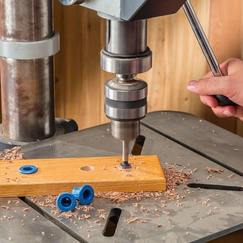 Router Bit Storage Inserts Set For 1/4 And 1/2 Inch Shank Router Bits, Durable polyethylene inserts on a drill press setup