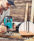 Man using blue router tool on wood with inset showing 9.8 inch durable 304 stainless steel fully threaded rod installed.