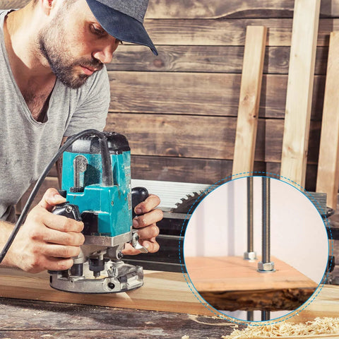 Man using blue router tool on wood with inset showing 9.8 inch durable 304 stainless steel fully threaded rod installed.