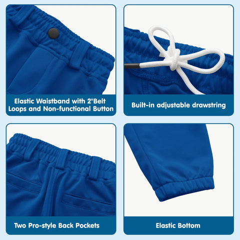 Close-up details of Kids Knicker Baseball Pants For Toddlers And Youth Boys And Girls Royal Blue with belt loops and elastic features.