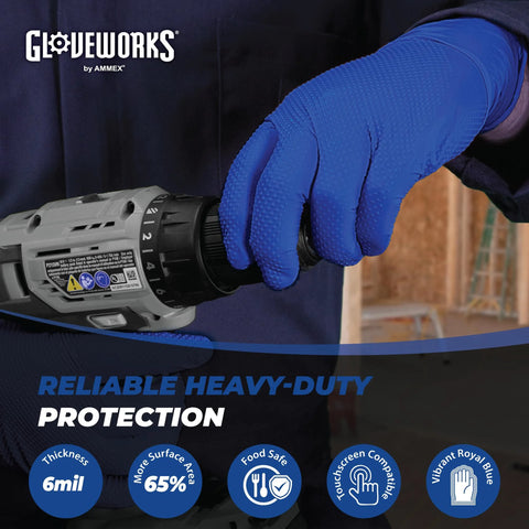 Royal Blue Nitrile Gloves 6 Mil Latex Free Raised Diamond Texture Medium gripping a power tool.