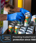 Royal Blue Nitrile Gloves 6 Mil Latex Free Raised Diamond Texture Medium used for handling canned drinks in a box