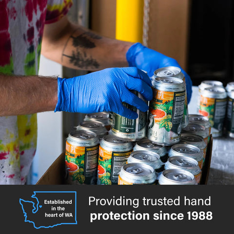 Royal Blue Nitrile Gloves 6 Mil Latex Free Raised Diamond Texture Medium used for handling canned drinks in a box