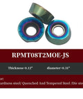 Three RPMT08T2M0E-JS carbide inserts for five eighths inch lathe turning holder with dimensions 0.12" thickness, 0.31" diameter.