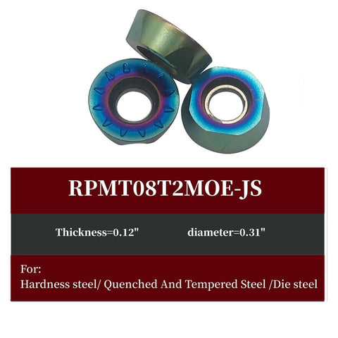Three RPMT08T2M0E-JS carbide inserts for five eighths inch lathe turning holder with dimensions 0.12" thickness, 0.31" diameter.