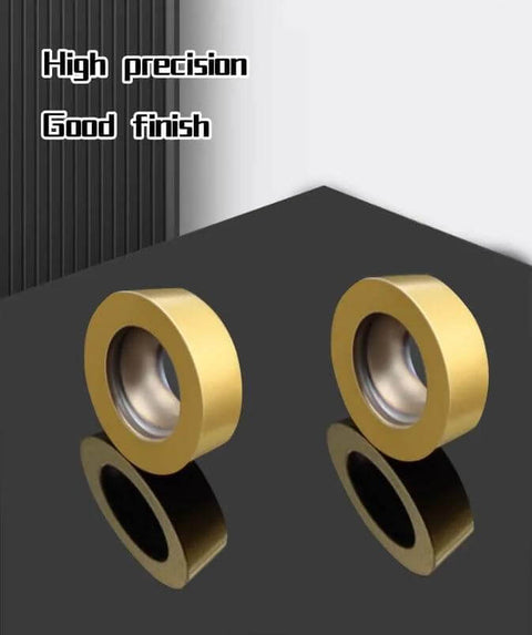 Two gold-colored carbide milling inserts on a black surface, labeled 'High precision Good finish', 20 Pcs RPMW1003MO R5 Carbide Milling Inserts For SRDPN Indexable Milling Tools And Lathe Cutting Tools Pro Grade Set For Turning Tool Holders Suitable For Steel And Cast Iron Machining