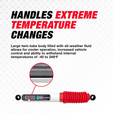 RS5000X Suspension Shock Absorber Upgrade close-up showing twin-tube body and temperature rating for Dodge Ram and Chevrolet trucks