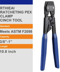 RTHIEAI Cinch Clamp Tool Kit For Stainless Steel PEX Clamps Three Eighths To One Inch Includes Twenty One Half Inch PEX Cinch Clamp Rings And Ten Three Quarter Inch PEX Rings Made Of 304 Stainless Steel For Durable Corrosion Resistant Plumbing, with highlighted specifications including capacity and length, alongside a close-up of the tool with blue handles.