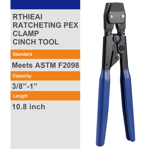 RTHIEAI Cinch Clamp Tool Kit For Stainless Steel PEX Clamps Three Eighths To One Inch Includes Twenty One Half Inch PEX Cinch Clamp Rings And Ten Three Quarter Inch PEX Rings Made Of 304 Stainless Steel For Durable Corrosion Resistant Plumbing, with highlighted specifications including capacity and length, alongside a close-up of the tool with blue handles.