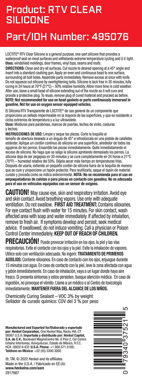 Automotive RTV Clear Silicone Adhesive Sealant packaging with instructions visible