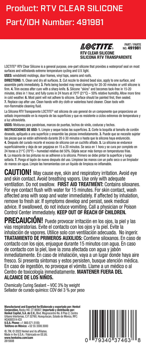 Label of RTV Clear Silicone Adhesive And Sealant showing product details and safety precautions in English and Spanish.