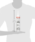 Automotive RTV clear silicone adhesive sealant 300 ml tube held by figure illustrating size comparison