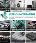 Clear One Part RTV Coating And Adhesive Sealant for electronics shown in various applications including automotive and household use.