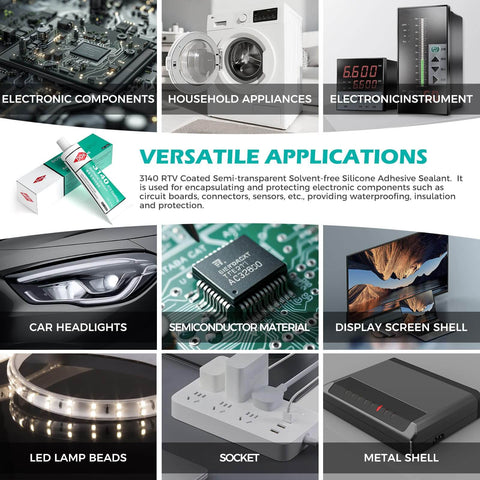 Clear One Part RTV Coating And Adhesive Sealant for electronics shown in various applications including automotive and household use.