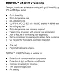 Product information sheet for DOWSIL 3140 RTV Coating with features, benefits, composition, and applications listed.