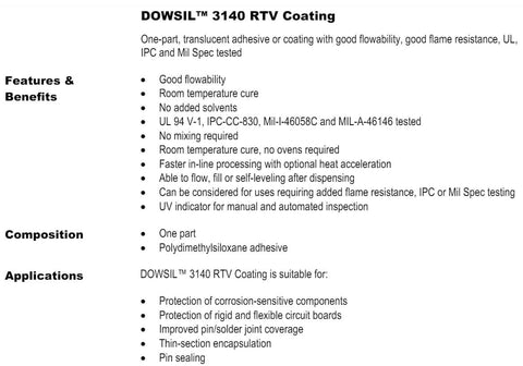 Product information sheet for DOWSIL 3140 RTV Coating with features, benefits, composition, and applications listed.
