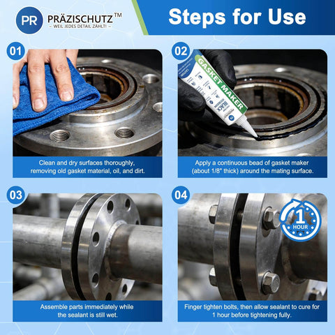 Steps for using High Temperature Black Gasket Maker Sealant For Automotive, Marine And Industrial Uses, Oil Resistant And Waterproof RTV Silicone Sealant That Binds Tight And Tough As Nails In A 100g 3.5oz Tube.