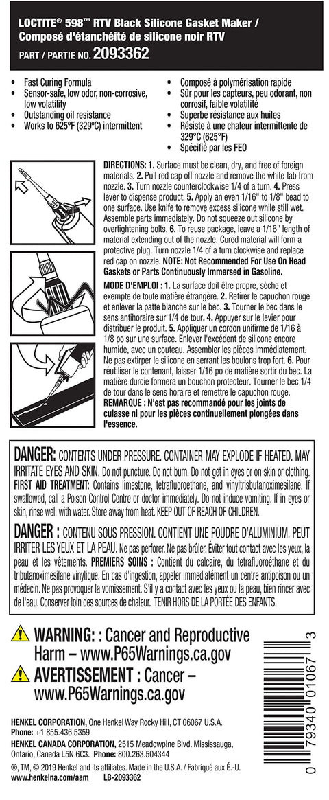 Back label of Loctite RTV Gasket Maker And Flange Sealant, instructions and warnings, 2093362, 190mL, metallic black, automotive use.