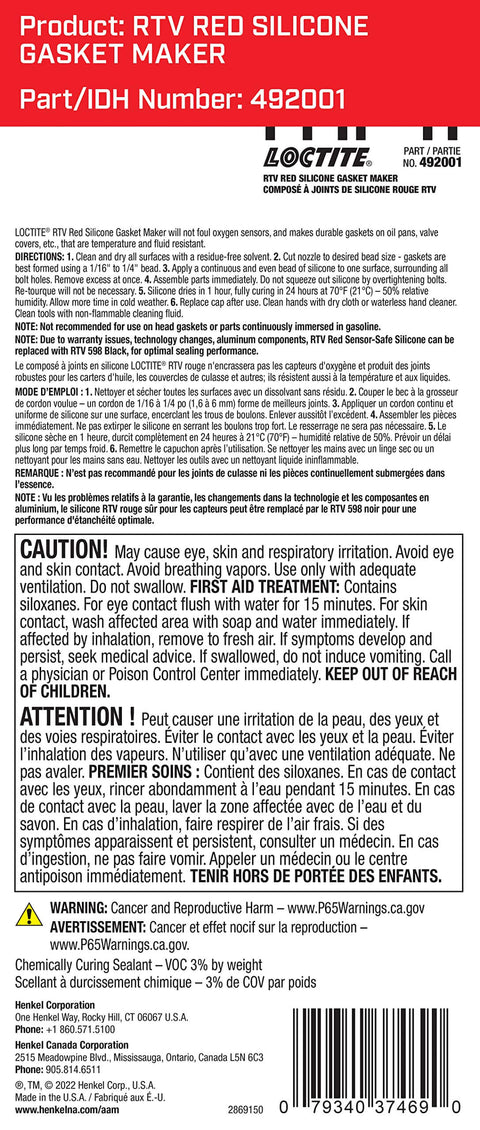 Back label of red high-temp RTV silicone sealant tube showing safety and application instructions.