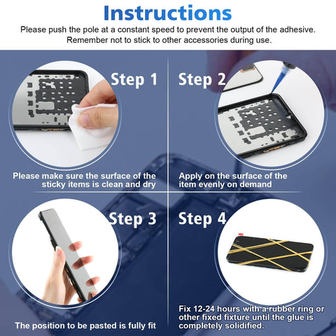 Instruction steps for using Go To RTV Silicone Adhesive Glue For Phone Screen Replacement And Repair on various surfaces.