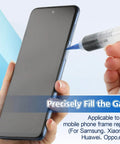 Syringe applying Go To RTV Silicone Adhesive Glue For Phone Screen Replacement And Repair, LCD Display Touch Screen Bonding Sealant For Huawei, Samsung, Xiaomi, OPPO And More on a smartphone edge for repairs.